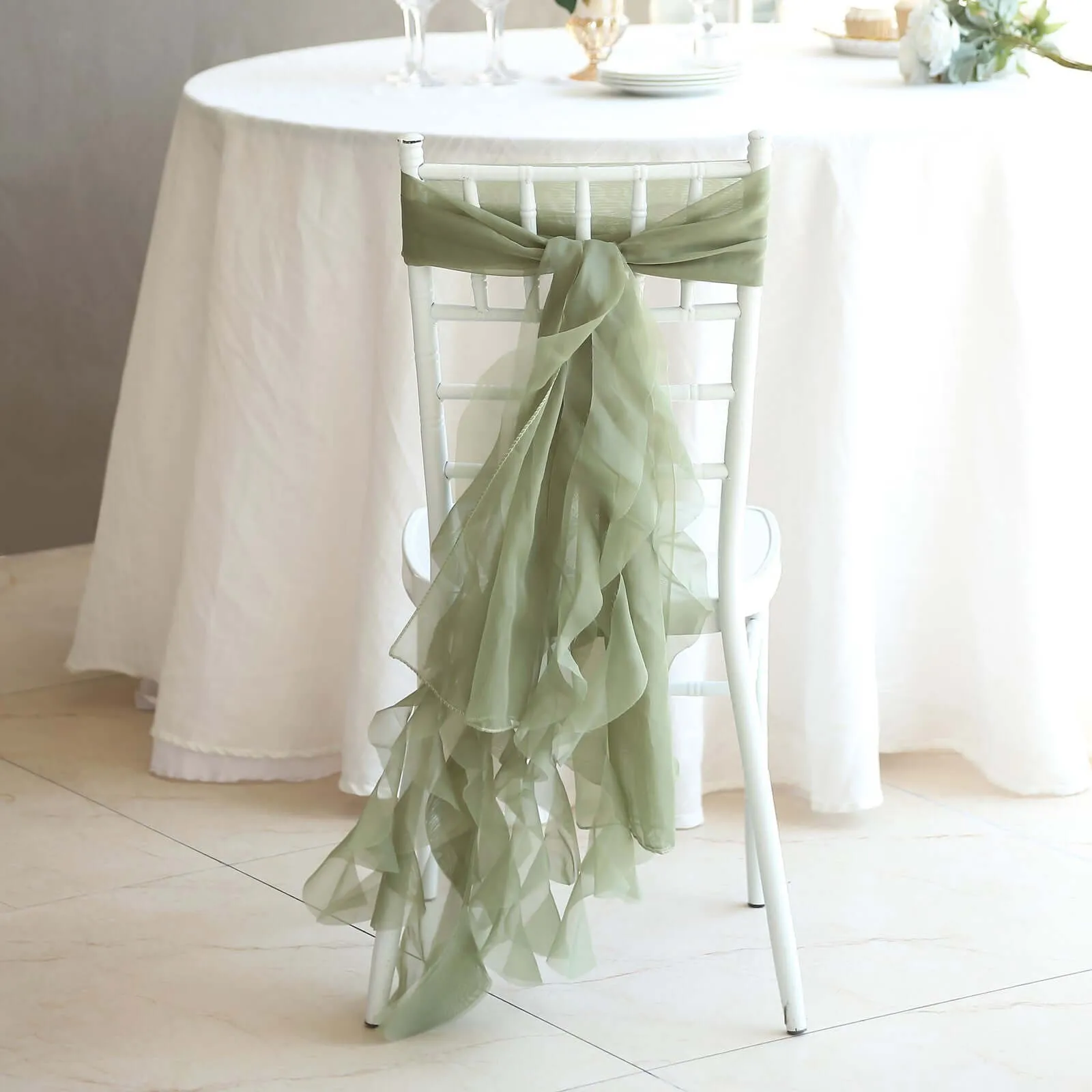 1 Set Dusty Sage Green Chiffon Hoods With Ruffles Willow Chair Sashes