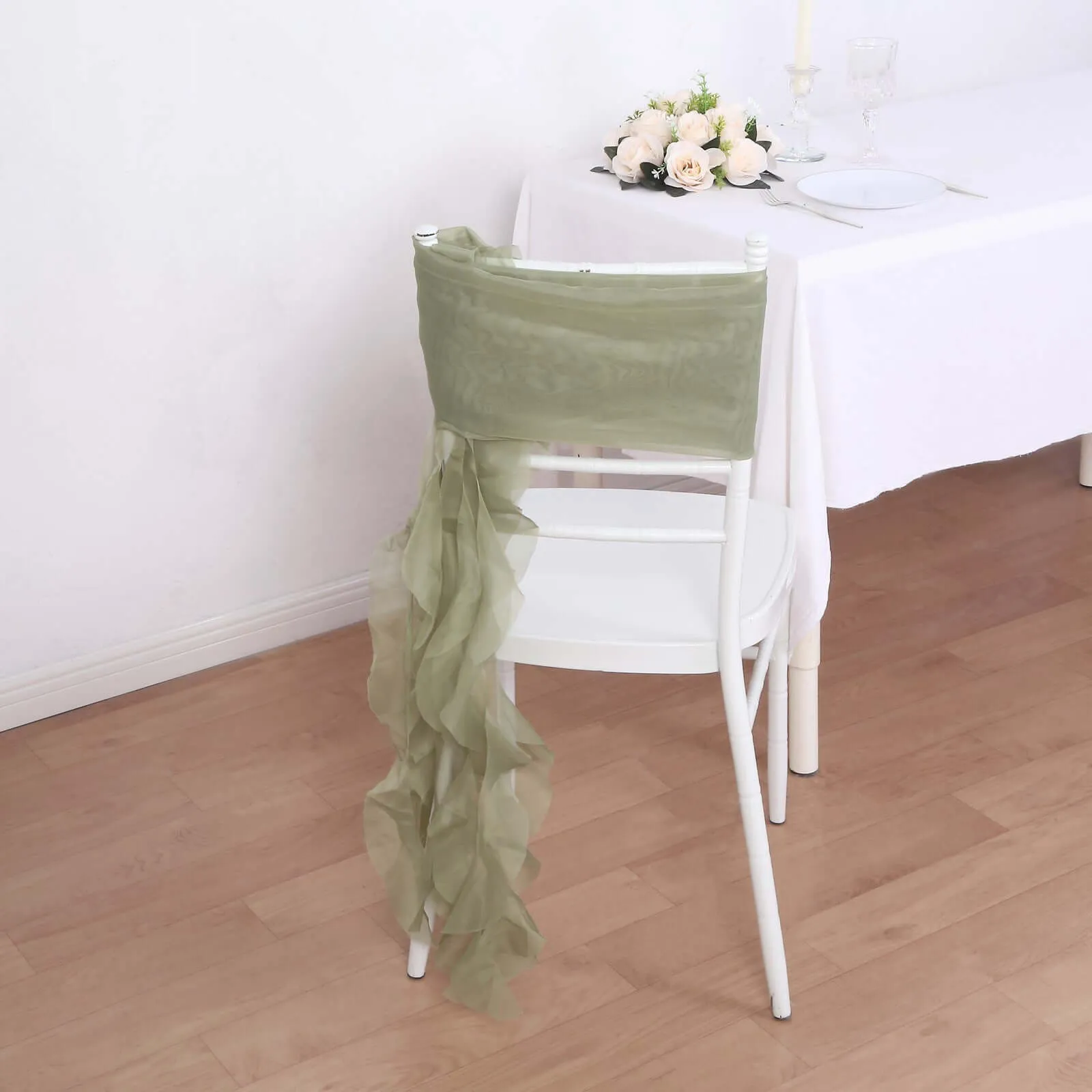 1 Set Dusty Sage Green Chiffon Hoods With Ruffles Willow Chair Sashes