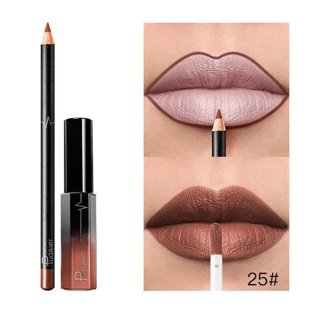 25g Long Lasting Lipstick Waterproof Matte Liquid Gloss Lip Liner Cosmetics Set Liquid Lipstick