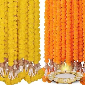 ArtRIght Artificial genda phool for Decoration Flowers for Decoration Garland with Bell for Diwali & Festivals | 5 Feet Long 10 Pcs with 2 Diya… (Yelloe 5 or Orange - 5)