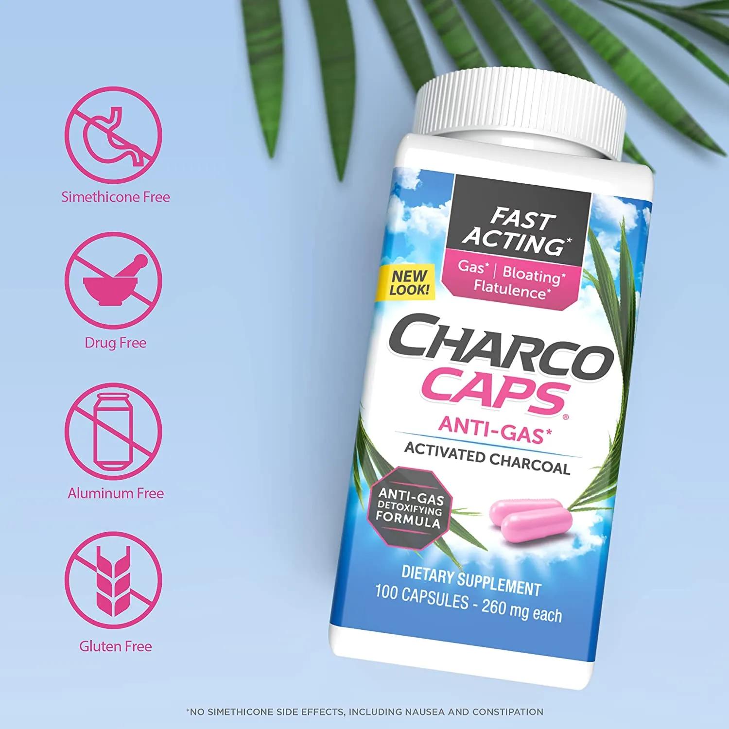 CharcoCaps Activated Charcoal Anti-Gas and Bloating Relief Detoxifying Formula, 100 Count