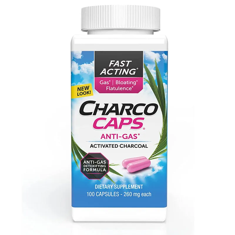 CharcoCaps Activated Charcoal Anti-Gas and Bloating Relief Detoxifying Formula, 100 Count