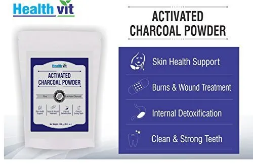 Healthvit Activated Charcoal Powder | 100% Natural for Skincare | Teeth Whitening | Blackheads remover | Oral hygiene products - 100gm