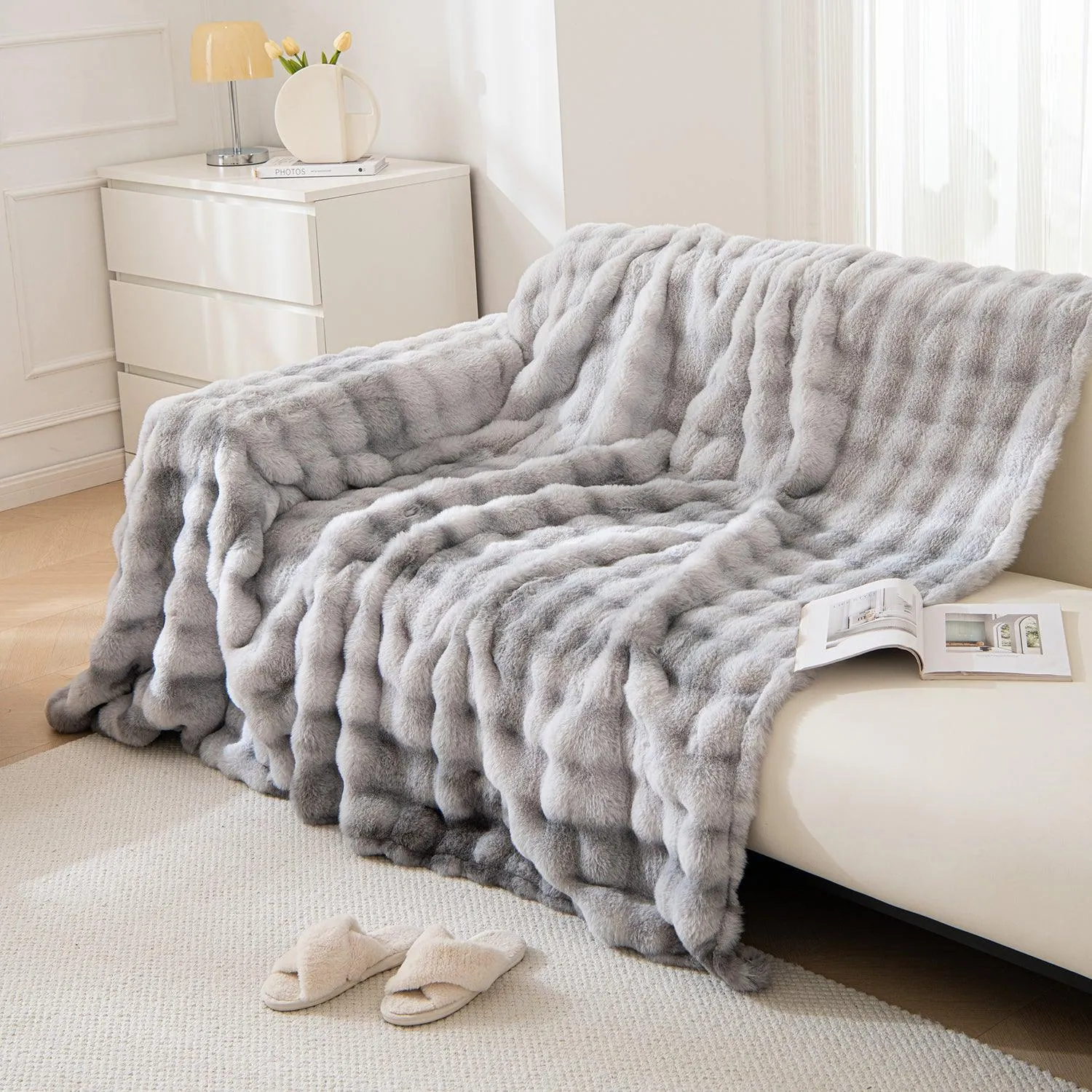 Luxury Gradient Faux Rabbit Wool Sofa Throw Fluffy Sofa Cover, Grey