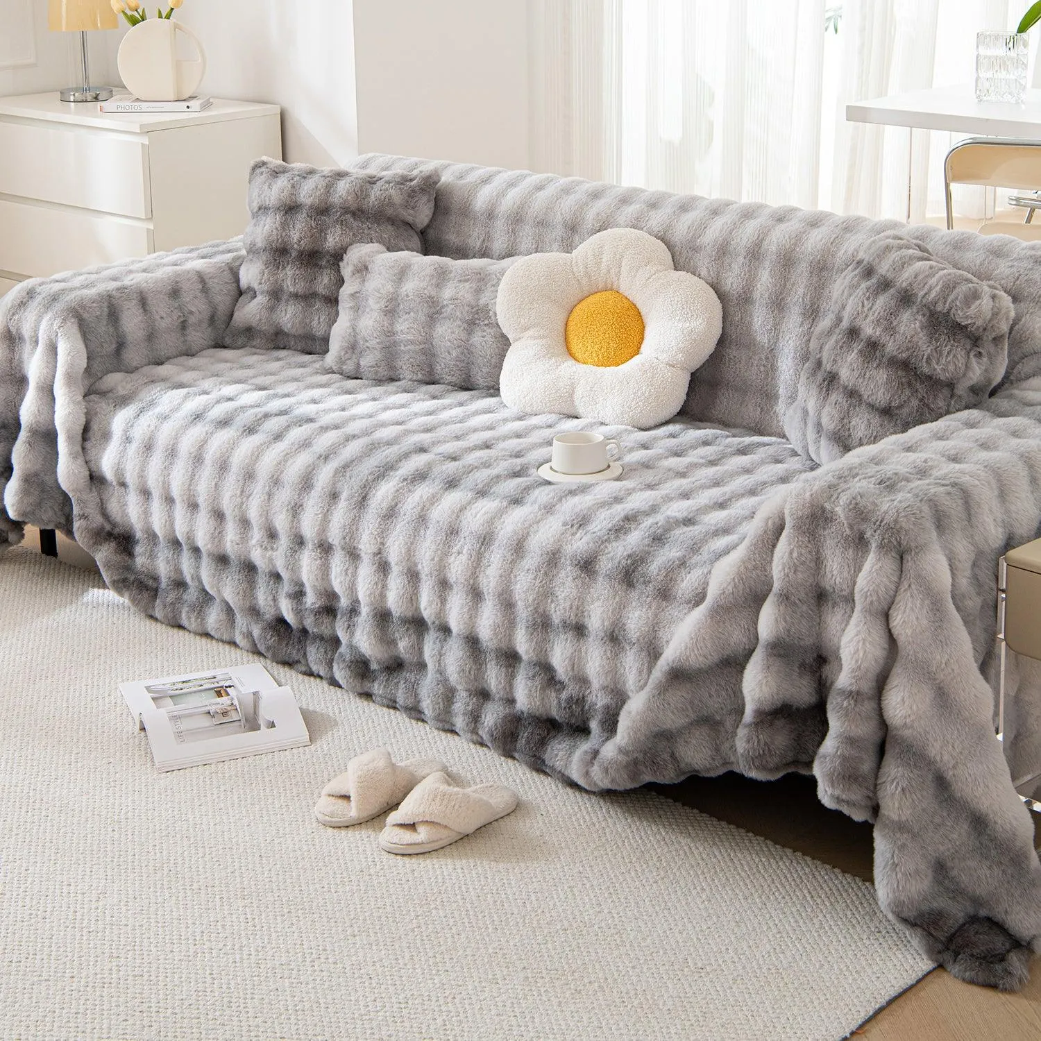 Luxury Gradient Faux Rabbit Wool Sofa Throw Fluffy Sofa Cover, Grey