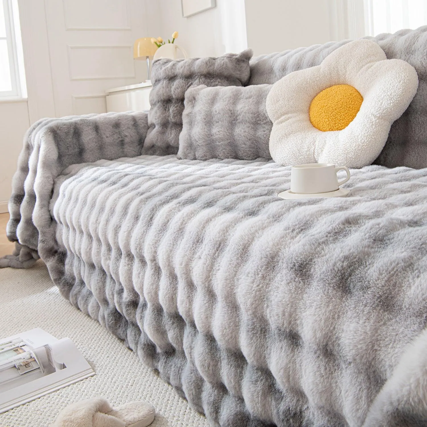 Luxury Gradient Faux Rabbit Wool Sofa Throw Fluffy Sofa Cover, Grey