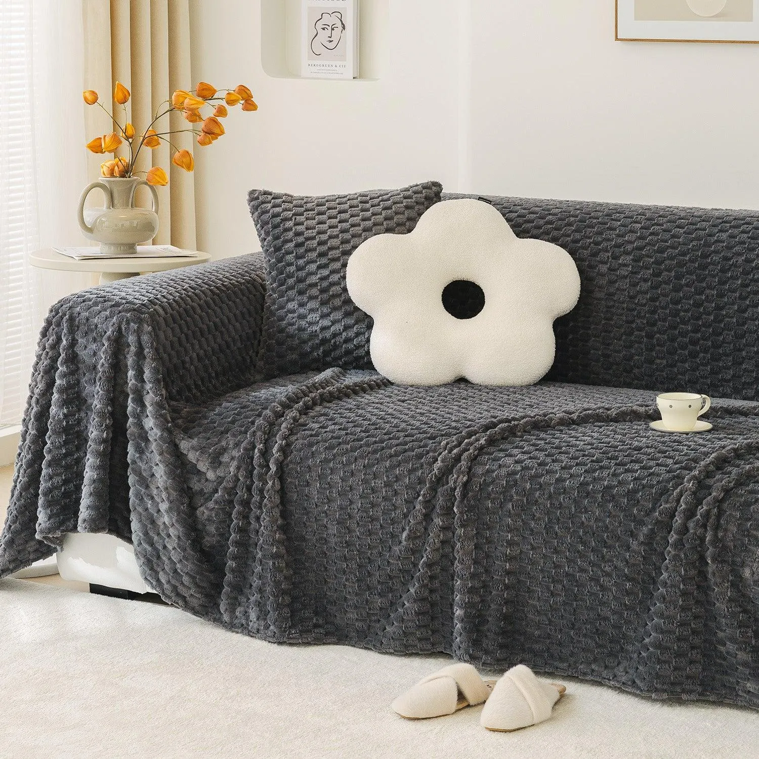 Luxury Rabbit Plush Sofa Throw, Charcoal Grey