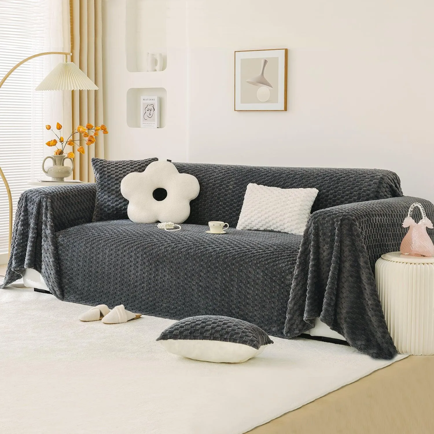 Luxury Rabbit Plush Sofa Throw, Charcoal Grey