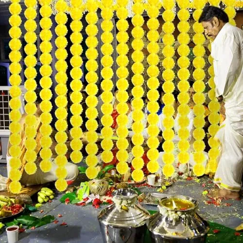 MAPPERZ 4.6 Feet Long Artifical Marigold Garland Door Hanging Flower for Diwali Home Decor, Traditional Indian Pooja Wedding Party Mantle Decoration Flower (Yellow Pack of 4)