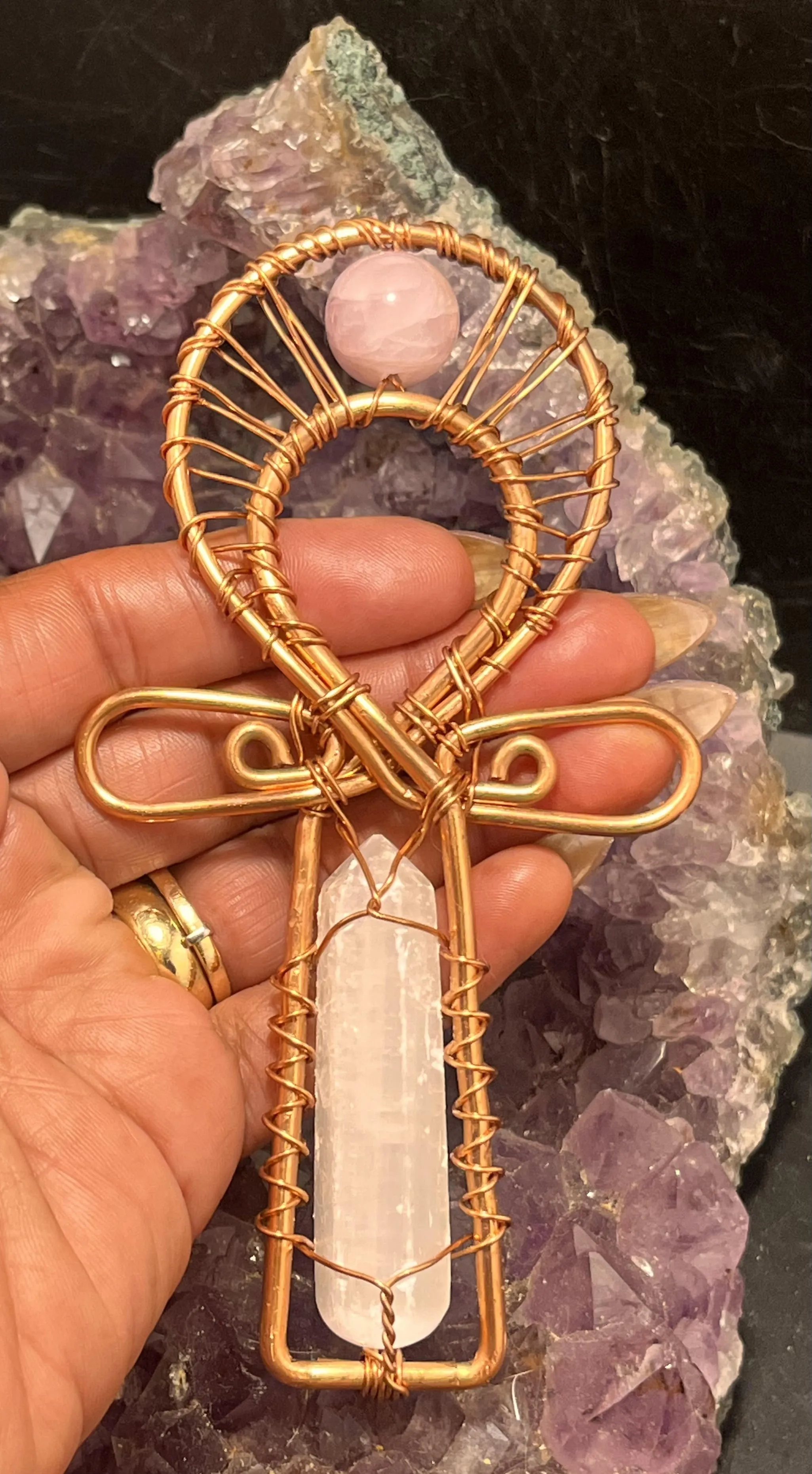 Selenite Cystal and Kunzite Pocket Copper Ankh