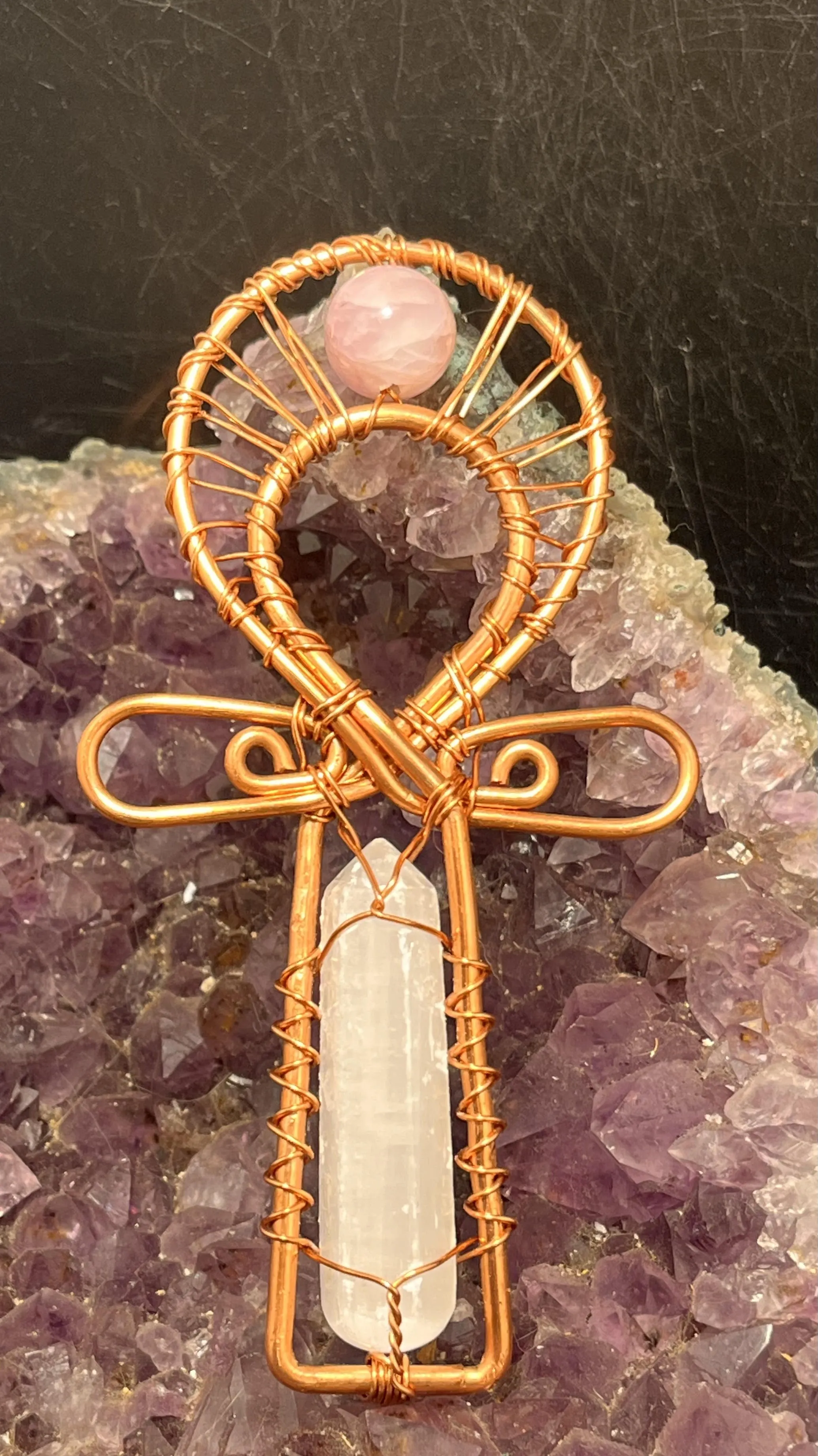 Selenite Cystal and Kunzite Pocket Copper Ankh