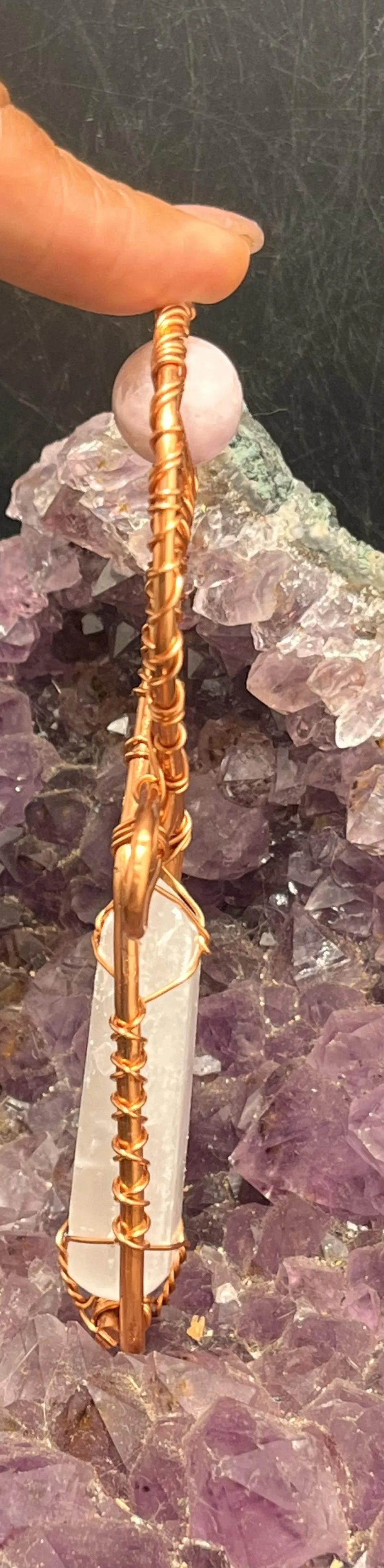 Selenite Cystal and Kunzite Pocket Copper Ankh