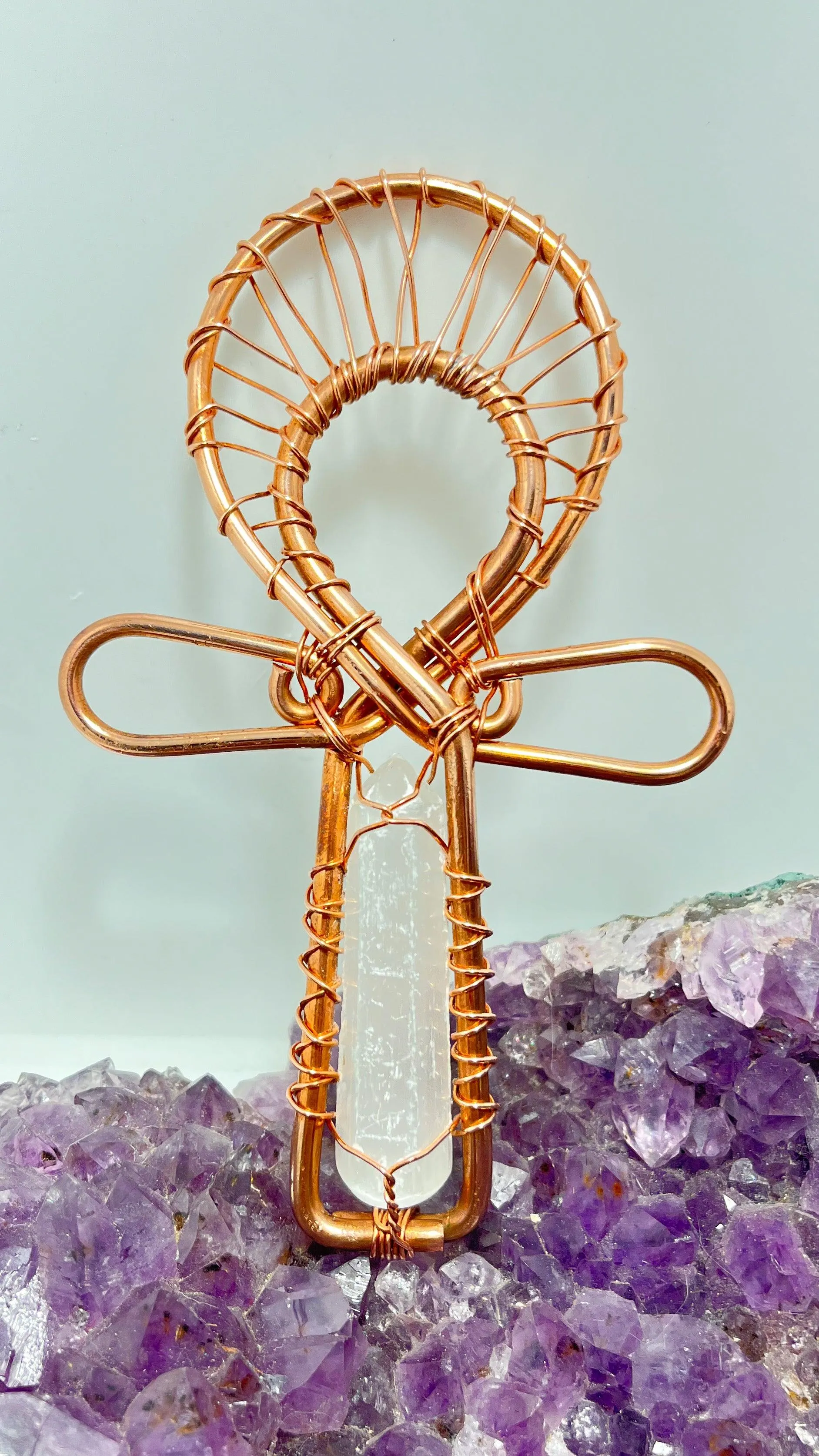 Selenite Cystal POCKET Copper Ankh