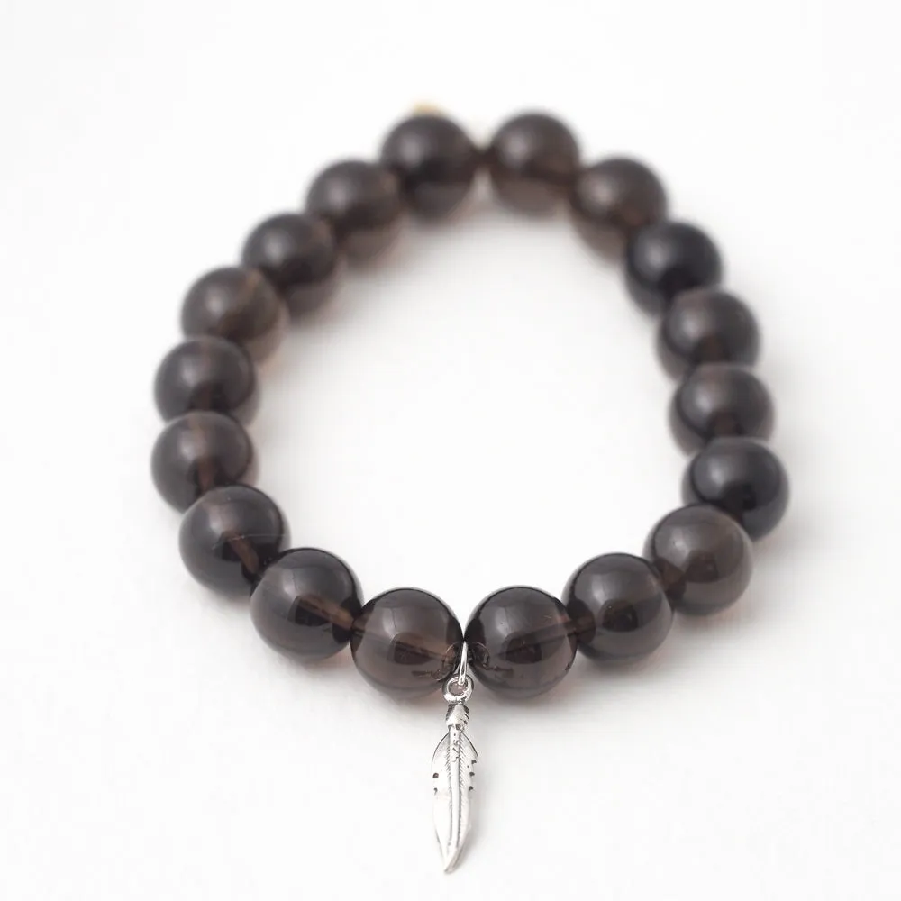 Smoky Quartz Crystal Bracelet | Silver Feather Charm