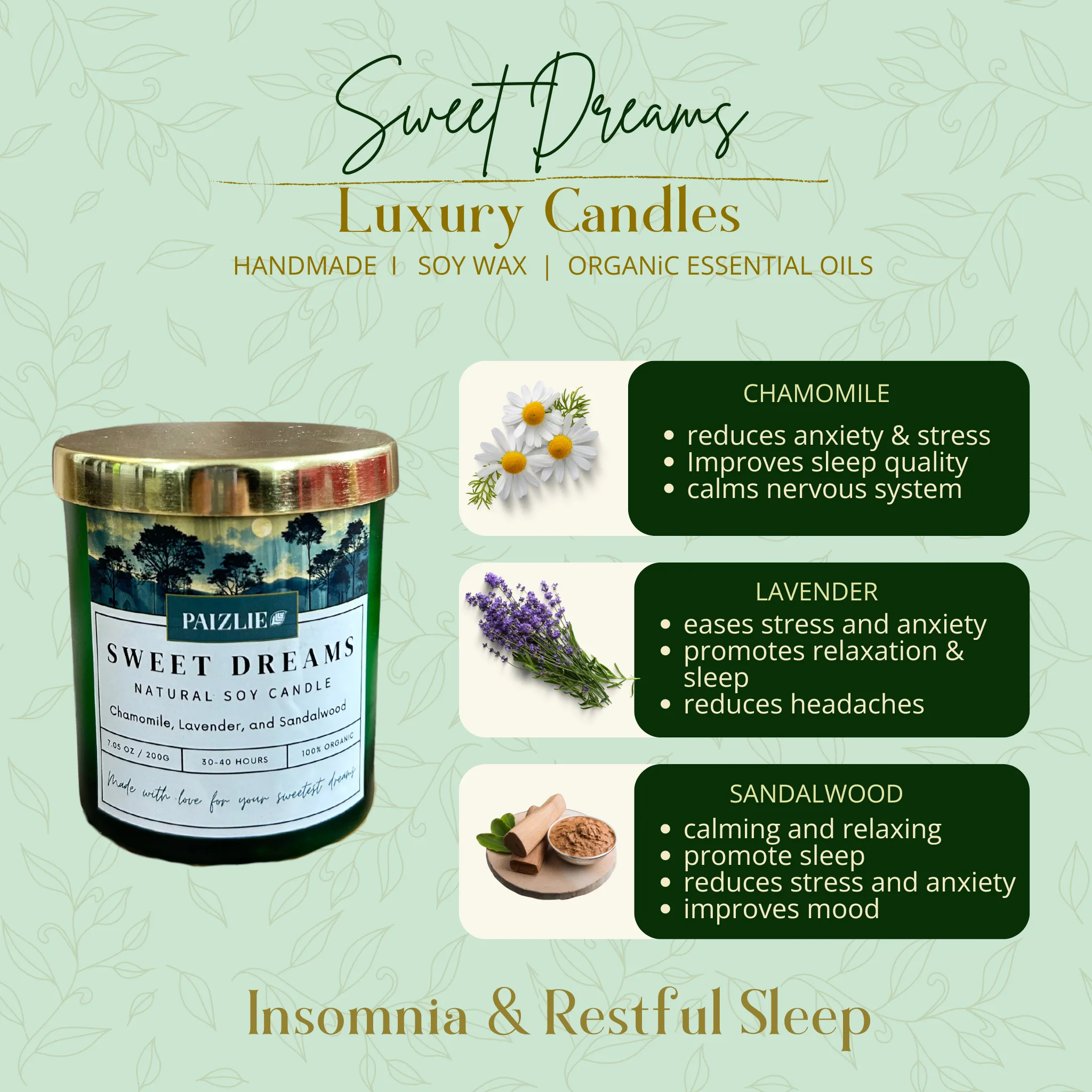 Sweet Dreams Scented Candle | Handmade with Pure Soy Wax | Organic Essential Oils of Chamomile, Lavender & Sandalwood