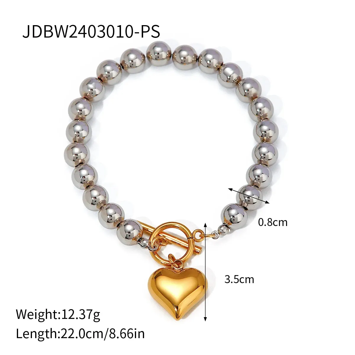 VAIGE Trendy Gold Heart Waterproof Silver Beads Bracelet - Stainless Steel Charm Jewelry for Special Occasions