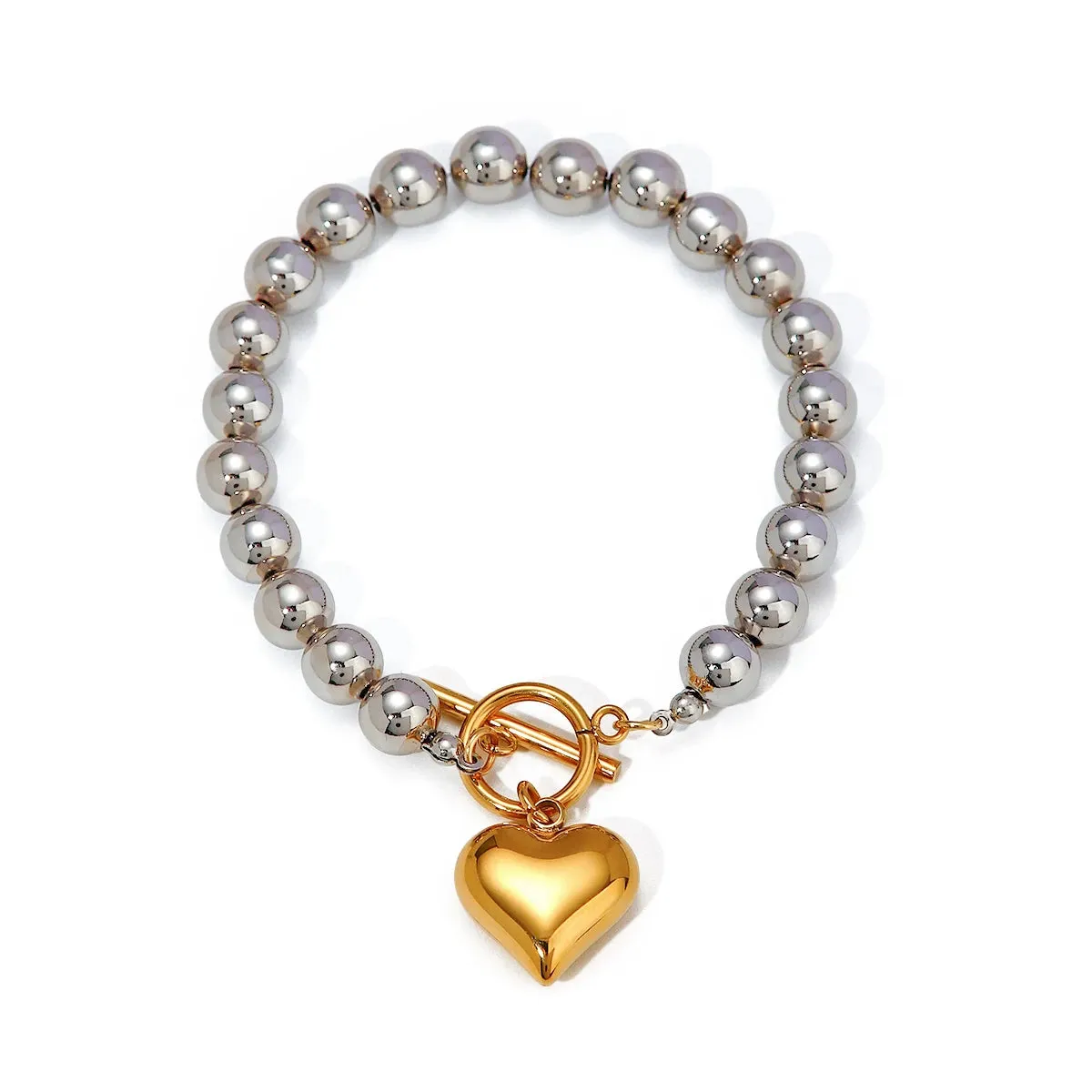 VAIGE Trendy Gold Heart Waterproof Silver Beads Bracelet - Stainless Steel Charm Jewelry for Special Occasions